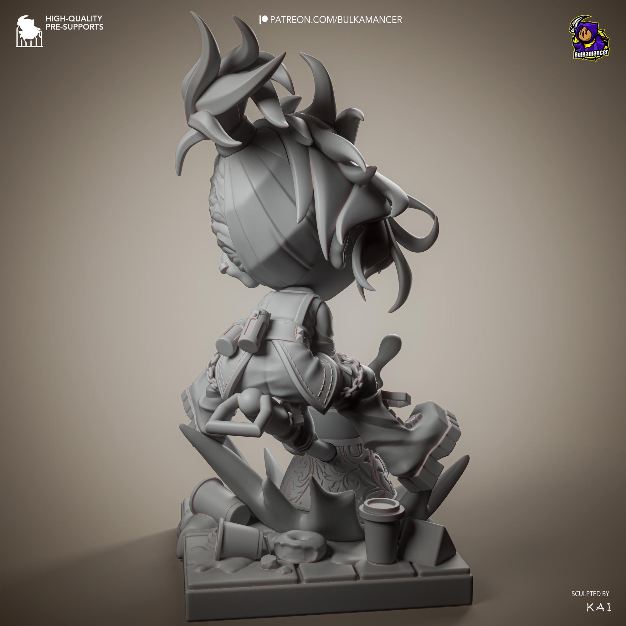 Mokka Chibi Unpainted Resin Statue | Cute Chibi Brawler Figure | Dynamic Splash Base Diorama | 123mm Display Model | 3D Printed