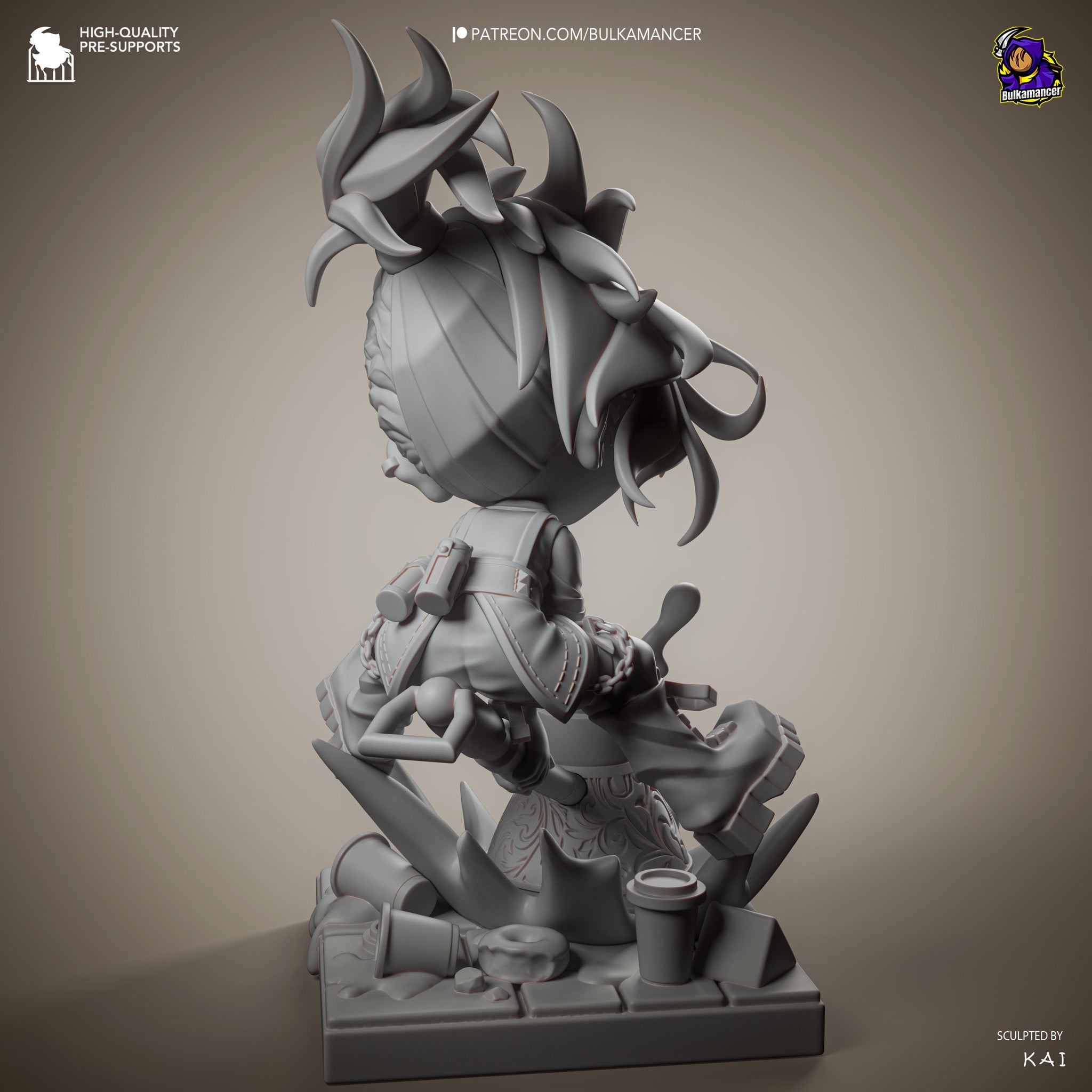 Mokka Chibi Unpainted Resin Statue | Cute Chibi Brawler Figure | Dynamic Splash Base Diorama | 123mm Display Model | 3D Printed