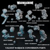 various Warjack 3D model parts, including a rocket pod, trench sword, flame thrower, slug, heavy weapon cover, heavy mortar, heavy harpoon fist, and a head - evasive.