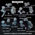 various Warjack 3D model parts, including a rocket pod, trench sword, flame thrower, slug, heavy weapon cover, heavy mortar, heavy harpoon fist, and a head - evasive.