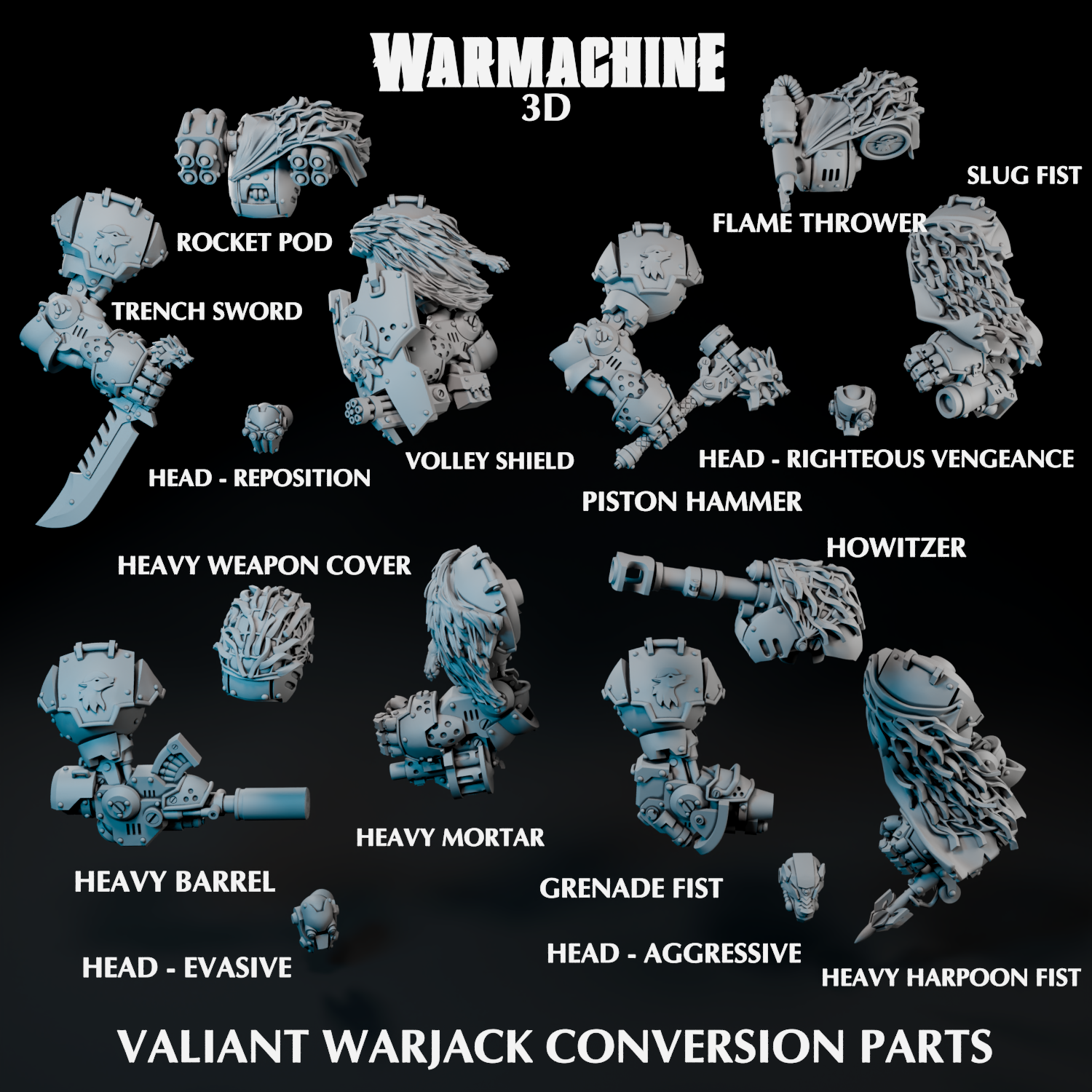 various Warjack 3D model parts, including a rocket pod, trench sword, flame thrower, slug, heavy weapon cover, heavy mortar, heavy harpoon fist, and a head - evasive.