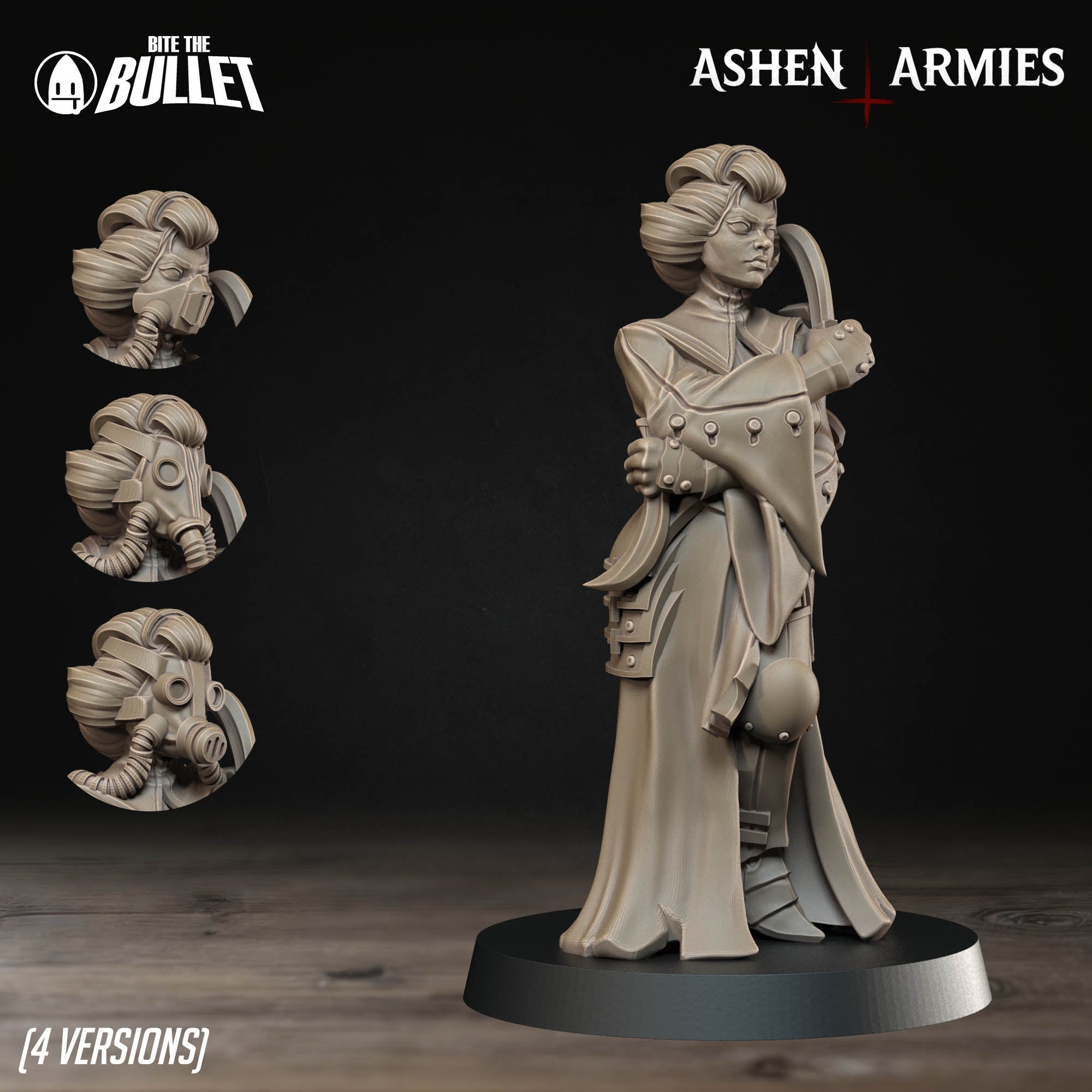 a 3D model of a female character with a serious expression, wearing a long dress and holding a weapon. The image is a collage of three different views of the character, with the first and third images showing the character's face and the second image showing the character's body. The image is labeled as "(4 versions)" and is described as a "bullet" and "armies" version.