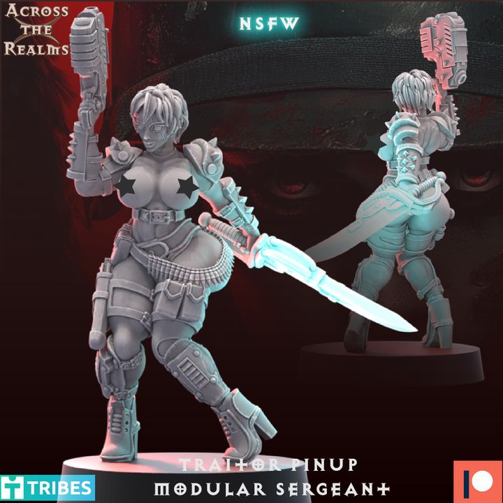 a female character with a sword, wearing a futuristic outfit, and holding a gun. The character appears to be a female warrior or warrior girl from the Traitor Pinup Modular Servgean universe.