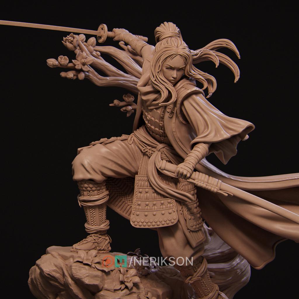 Michiko Samurai Warrior | 3D Printed Resin Miniature Statue | 75mm & 140mm Unpainted Figure | Nerikson