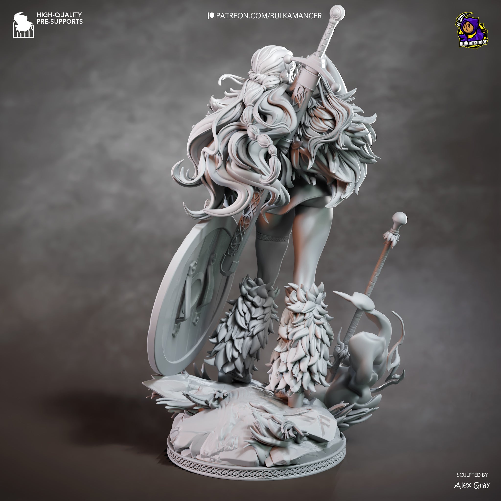 A detailed 3D model of a female warrior statue, featuring intricate hair, armor, and weapons.