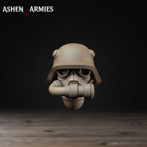 A 3D rendering of a helmet with a gas mask attached, set against a dark background.