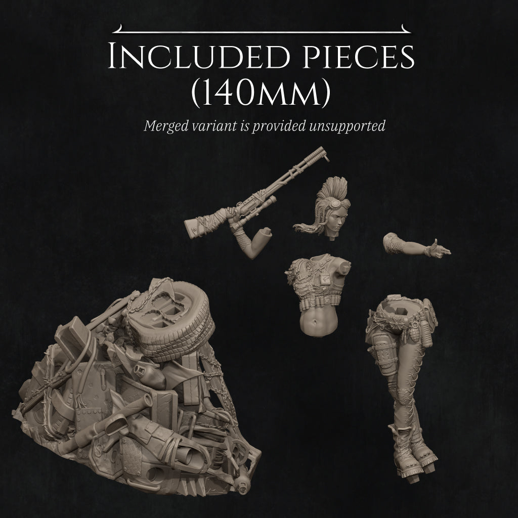 various pieces of a sculpture, including a gun, a headdress, and other objects, all set against a dark background.