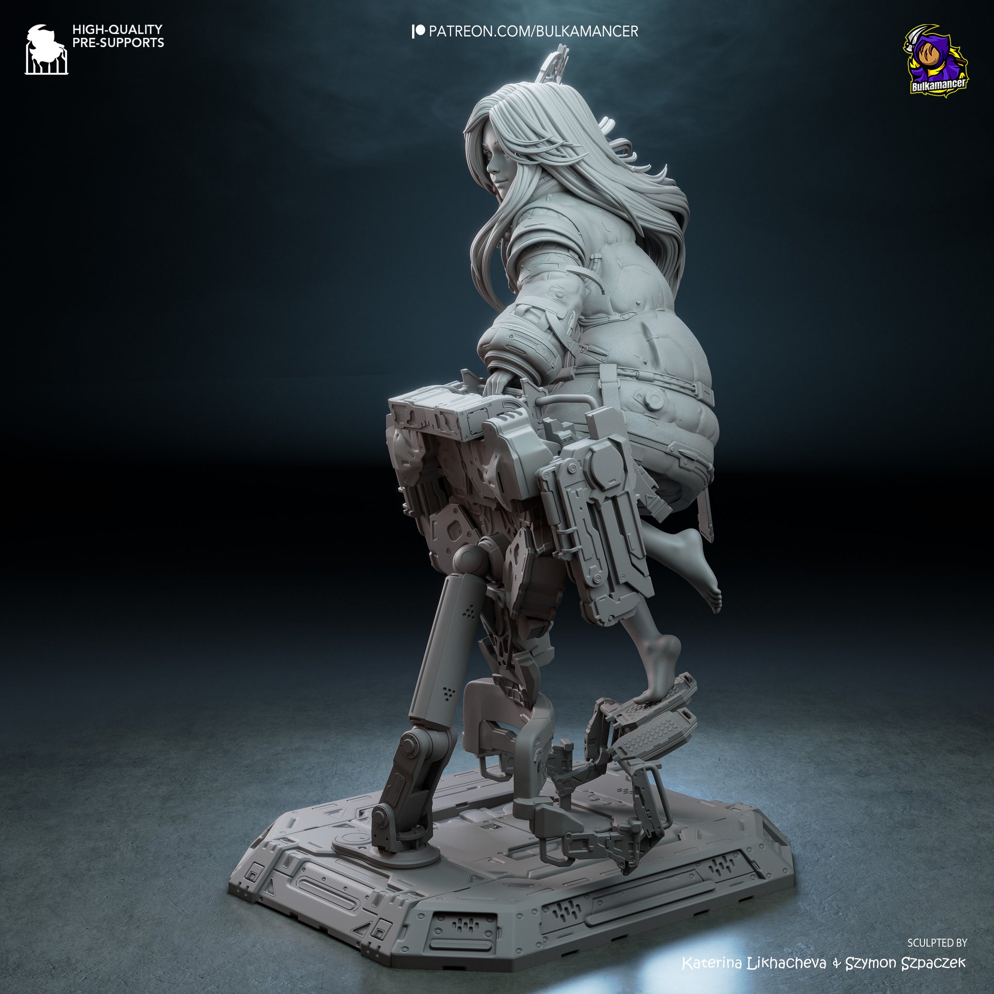 A 3D rendering of a female character with long hair, wearing a futuristic-looking costume and holding a futuristic weapon. The character is standing on a platform with a futuristic design.