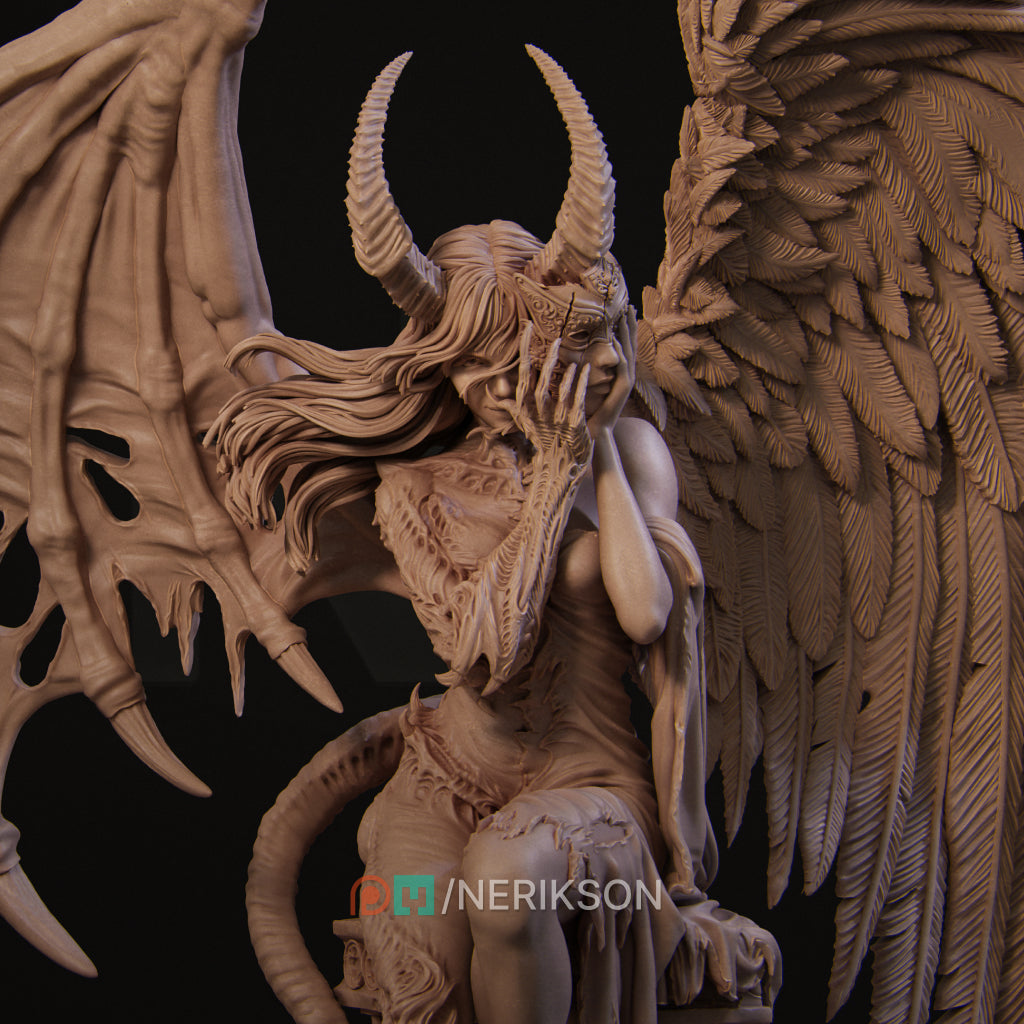 a detailed, intricate sculpture of a winged, horned figure with flowing hair and a mask covering its face.