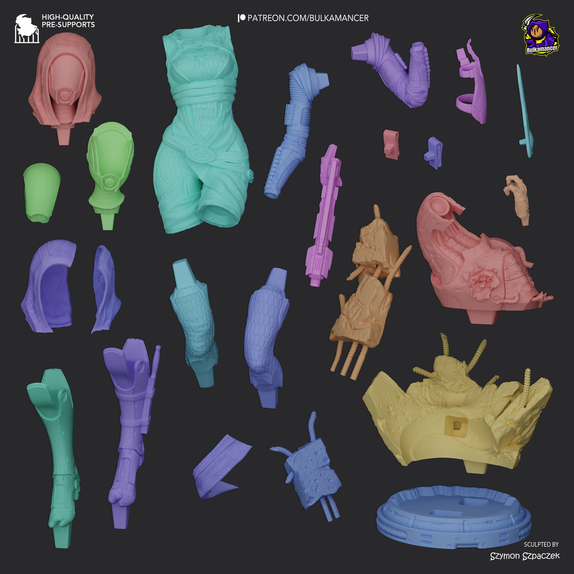 various colorful 3D printed parts, including a helmet, a body, and other objects, arranged on a black background.