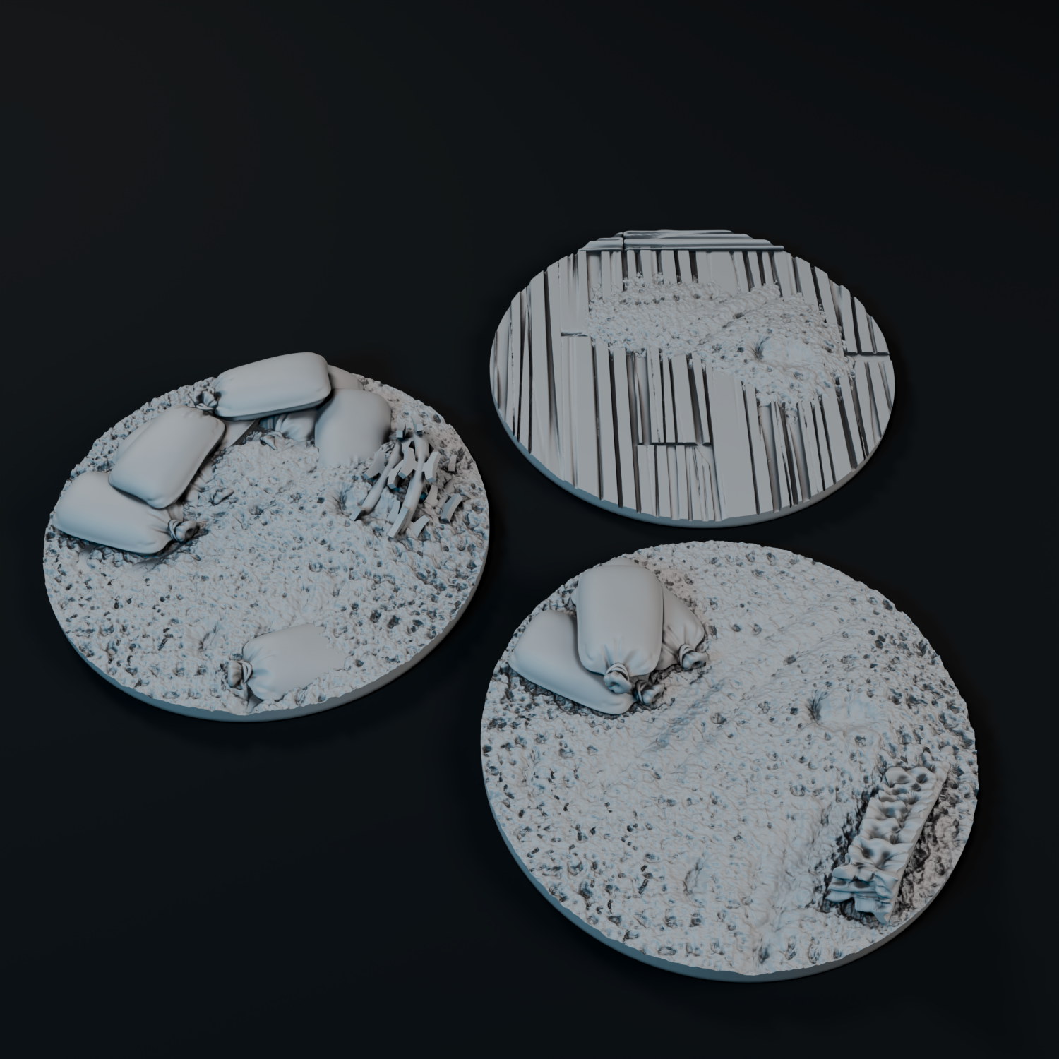 three circular platforms with various textures and designs, including a circular platform with a striped pattern, a circular platform with a dirt texture, and a circular platform with a white and gray texture.