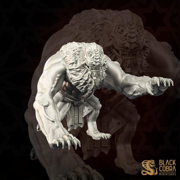 A detailed 3D model of a fierce-looking monster with sharp teeth and claws, set against a dark background.