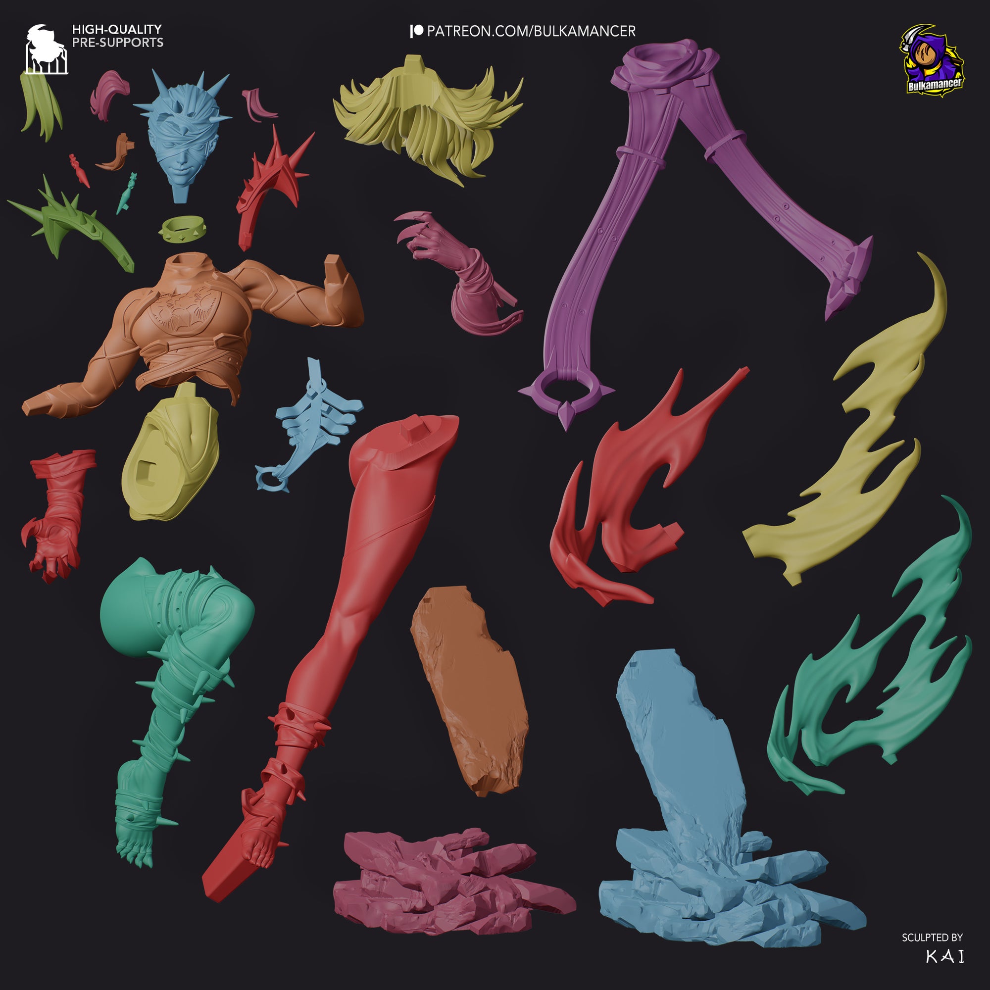 various colorful and stylized parts of a character or object, including a large head, legs, and other body parts, as well as some abstract shapes and designs.