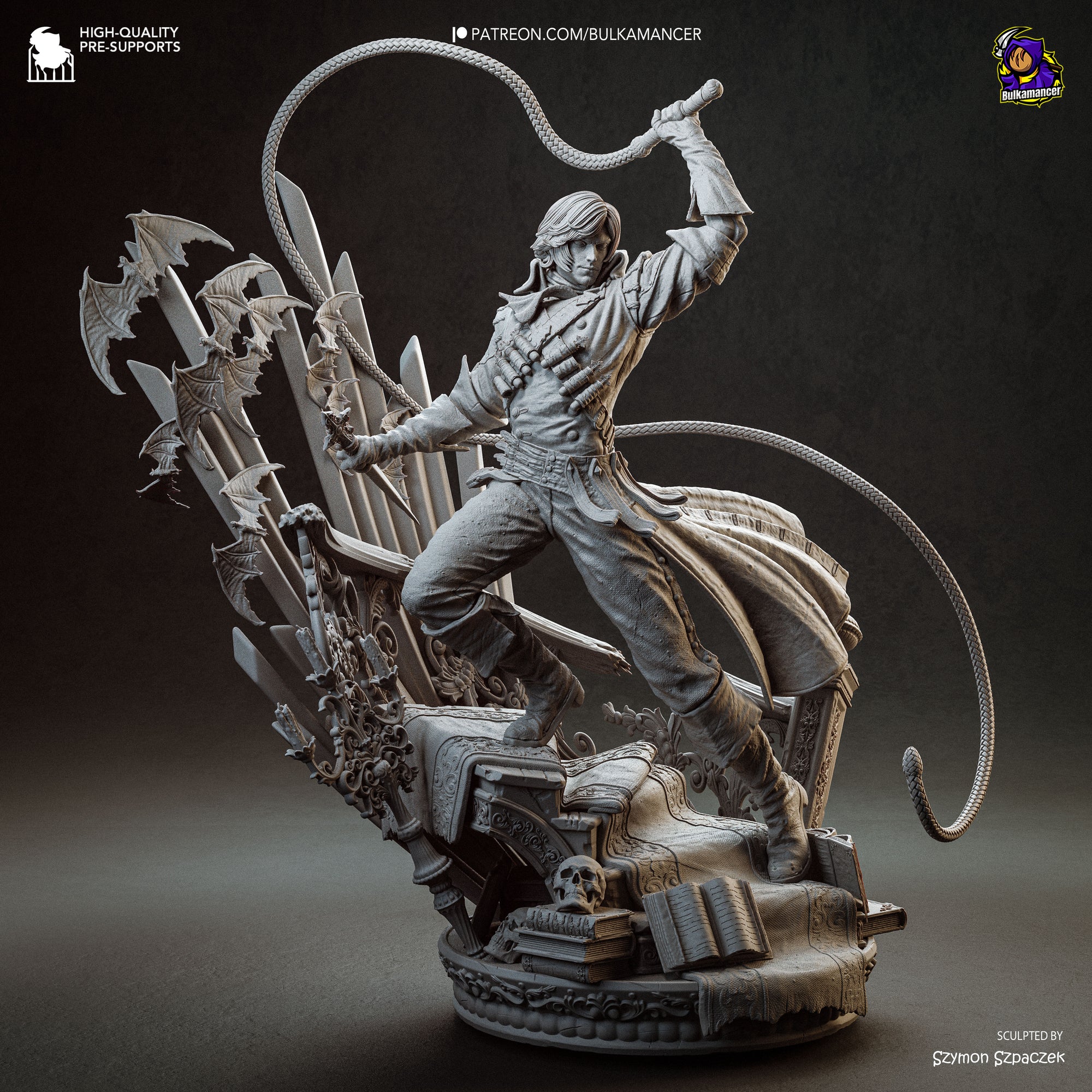 A detailed 3D rendering of a character wielding a whip and surrounded by various weapons and symbols, set against a dark background.