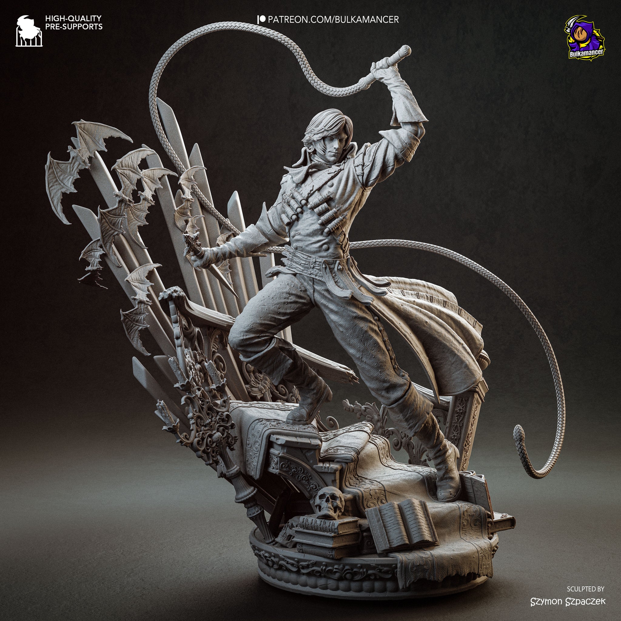 A detailed 3D rendering of a character wielding a whip and surrounded by various weapons and symbols, set against a dark background.