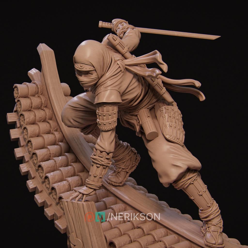 Shizuka Rooftop Ninja | 3D Printed Resin Miniature Statue | 75mm & 140mm Unpainted Figure | Nerikson