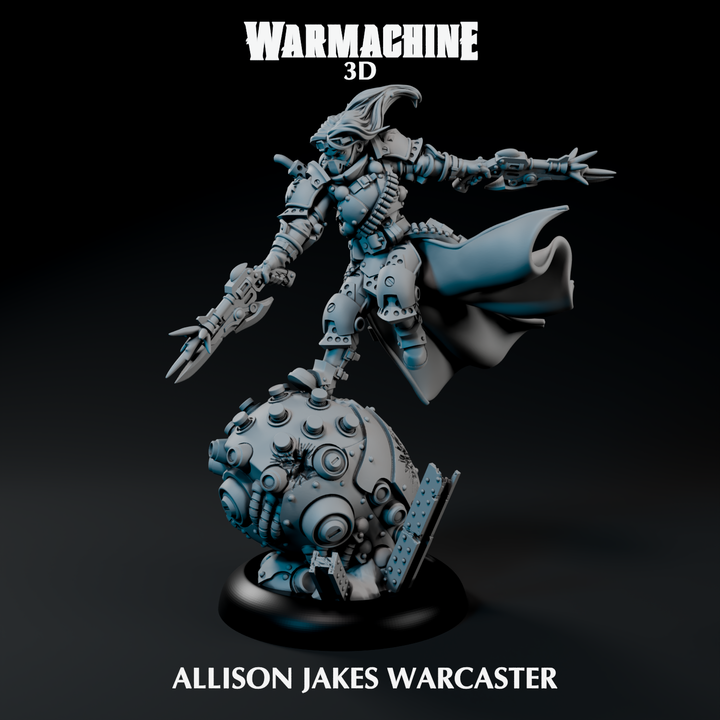 A 3D model of a character with a futuristic appearance, wearing a helmet and holding a weapon, standing on a platform with a large, spherical object.