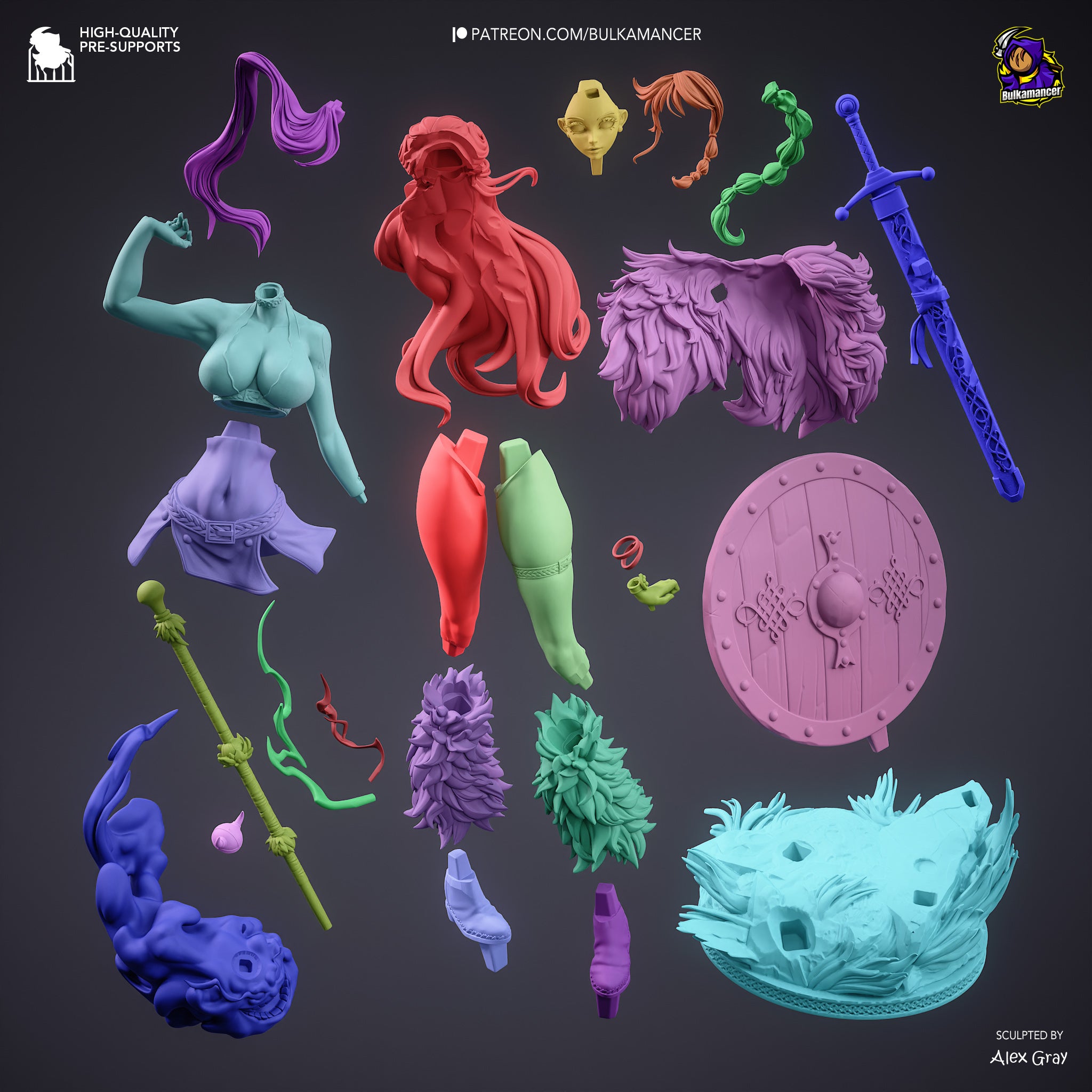 a variety of colorful and fantastical objects, including a sword, a shield, a bird, and a fish, all set against a dark background.