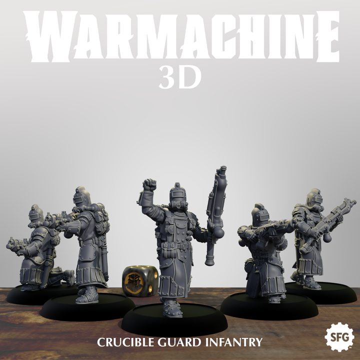 a group of five figurines of Crucible Guard Infantry soldiers, each holding a gun and standing in formation.