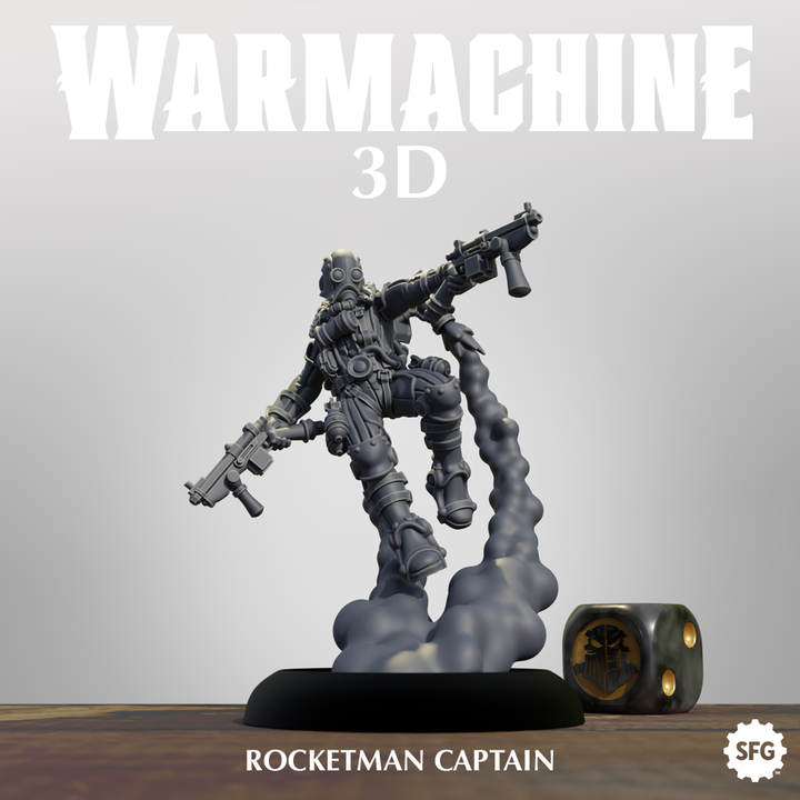 A 3D model of a character named "ROCKETMAN CAPTAIN" is displayed on a black base, with a dice and a smoke effect visible in the background.