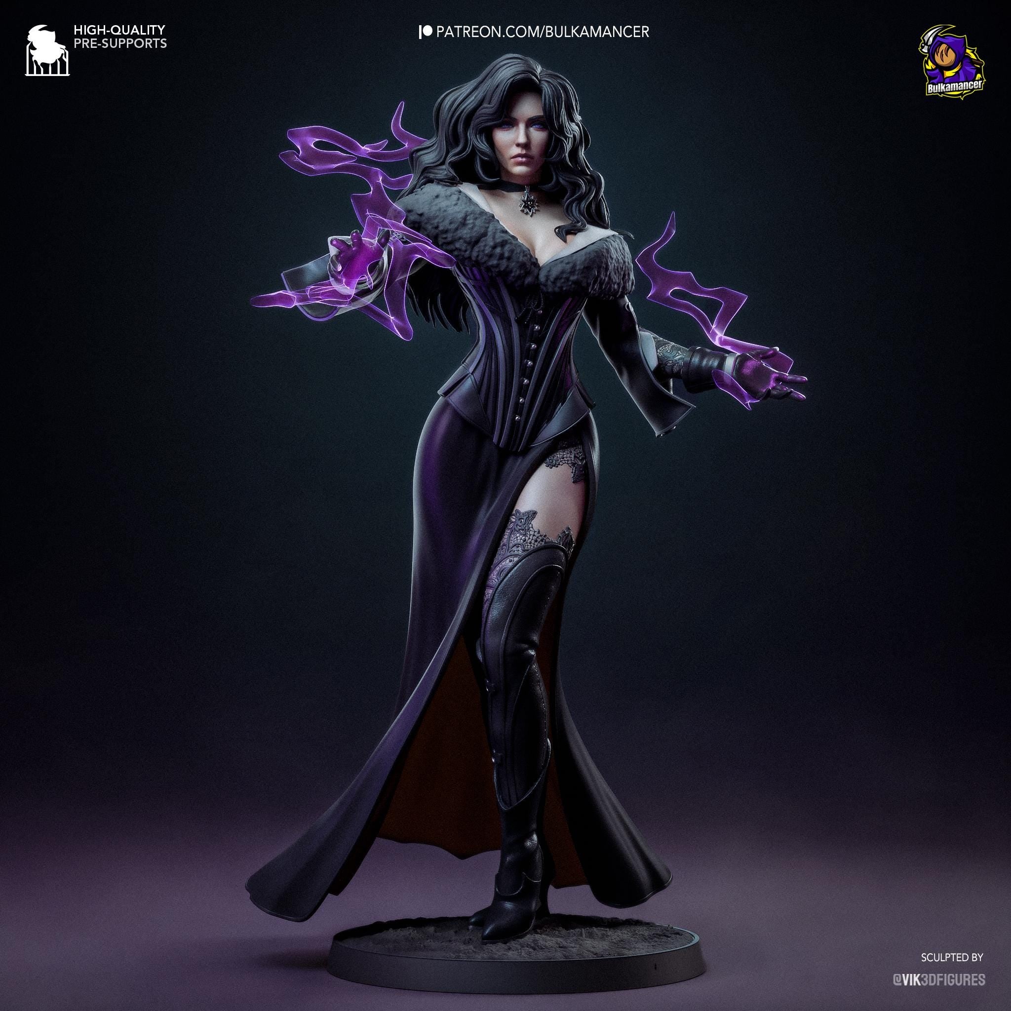 a statue of a woman dressed in black and purple