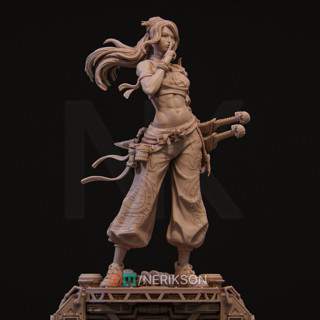 A detailed 3D model of a female character with long hair, wearing traditional Middle Eastern attire, and holding a weapon.