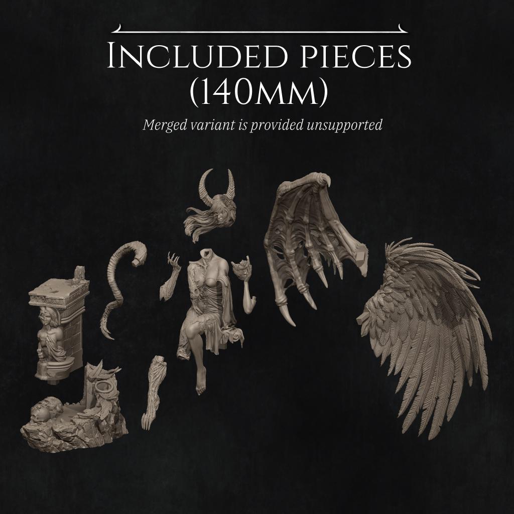 various pieces of a statue, including wings, a head, and other sculptural elements, presented in a black and white style.